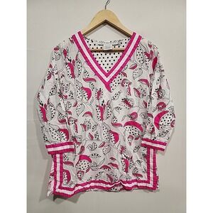 Gretchen Scott Tunic Blouse Womens M White, Abstract Floral Print 100%‎ Cotton